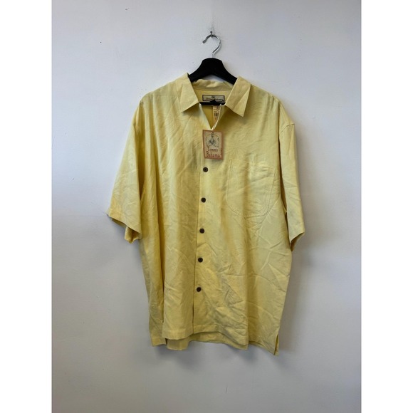 Tommy Bahama Shirt Mens Large Yellow Silk Tropical Palm Floral Button Front